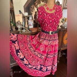 Vintage Exotic Boho Hippie Gypsie Indian Elephant Bird Print Cotton Dress